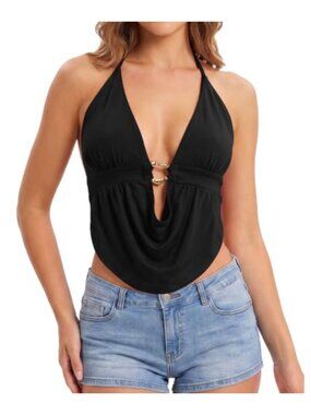 Women's Halter Backless Crop Tank Top Double Lined Ruched Cowl Neck Sleeveless